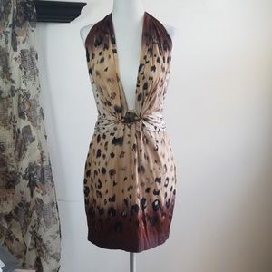 Bebe Leopard Print Plunge Halter Mini Dress